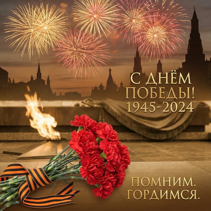 Георгиевская лента и гвоздики — открытка на 9 мая, сгенерированная нейросетью