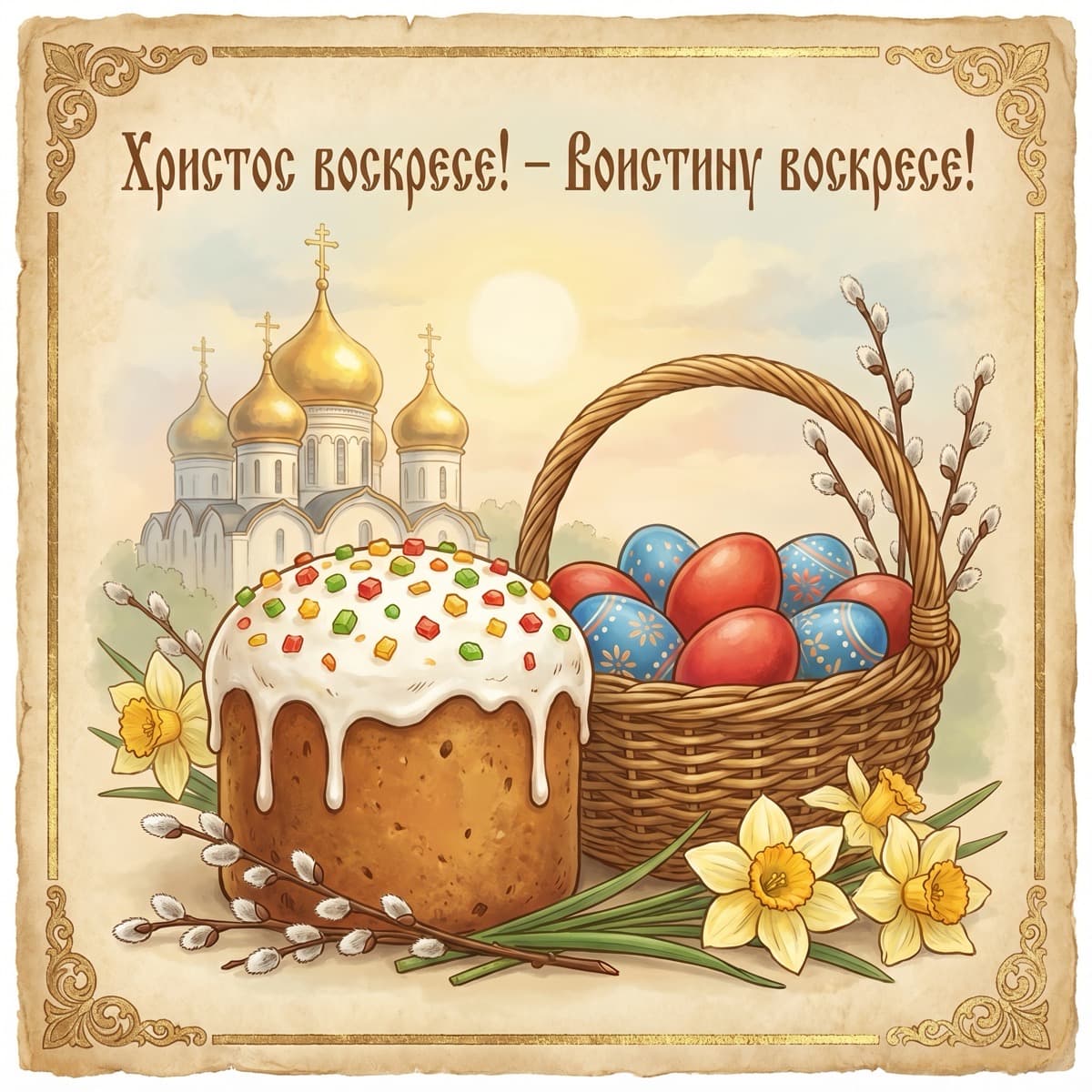 Пасхальный кулич и крашеные яйца — AI-генерация