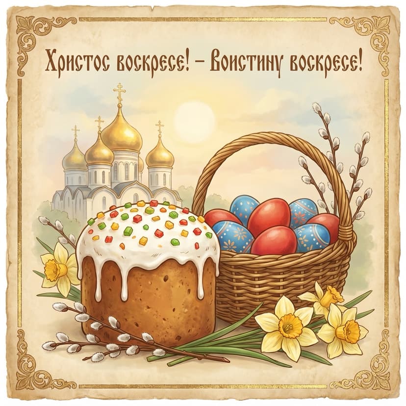 Пасхальный кулич и крашеные яйца — открытка, сгенерированная нейросетью