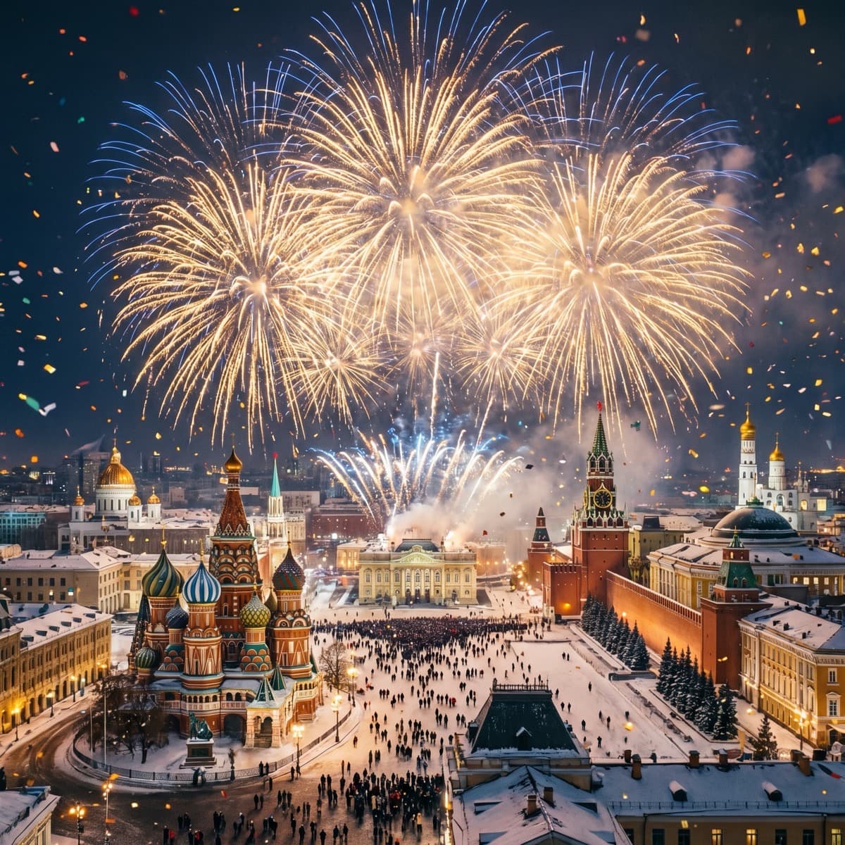 Новогодний фейерверк над заснеженным городом — AI-генерация