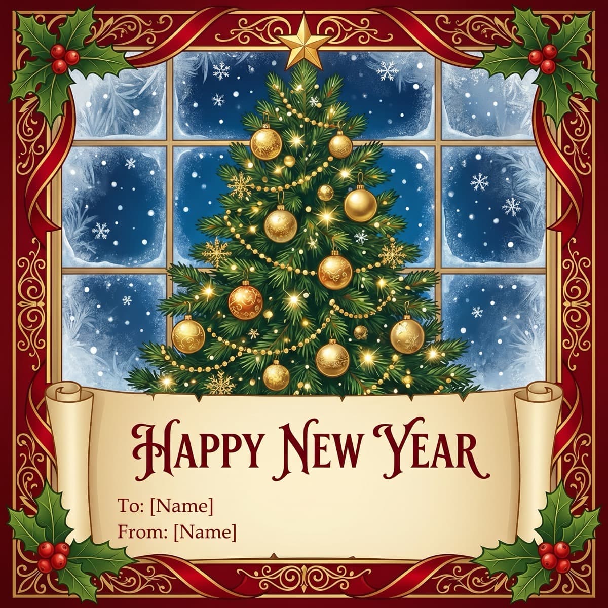 Новогодняя ёлка, сгенерированная нейросетью — яркие украшения и огни