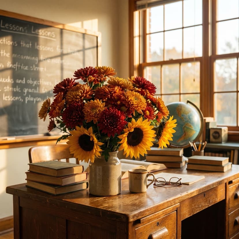 Осенний букет на доске с формулами — открытка на День учителя