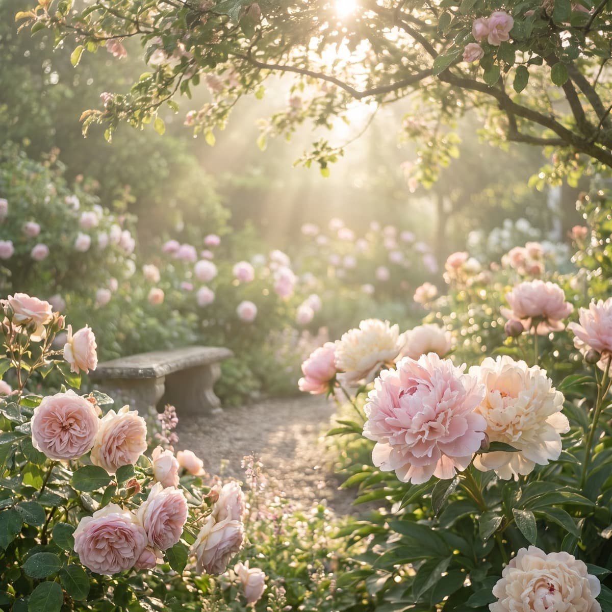 Сад с пионами — открытка на День матери, сгенерированная нейросетью